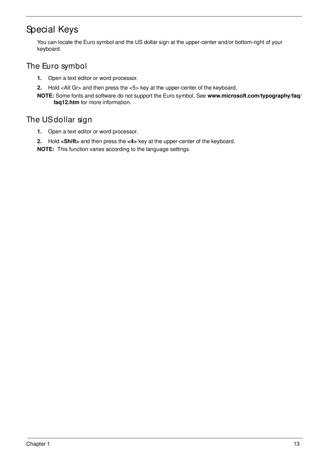 Gateway EC18T manual Special Keys, Euro symbol 