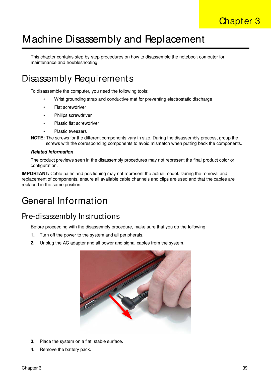 Gateway EC18T manual Disassembly Requirements, General Information, Pre-disassembly Instructions 