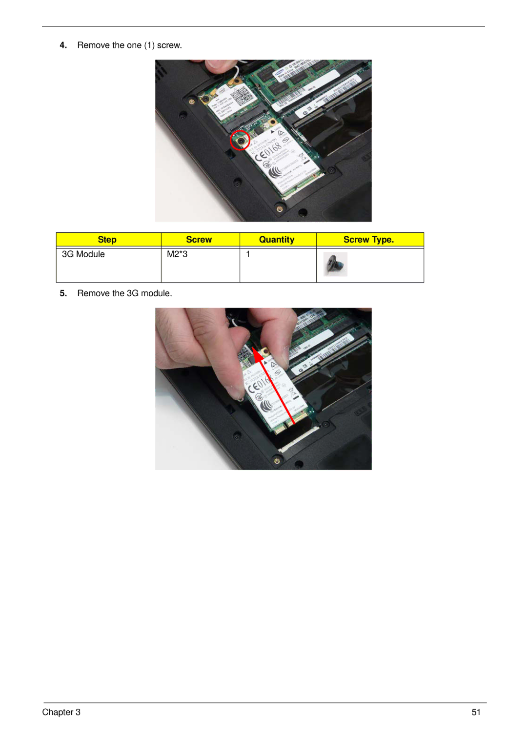 Gateway EC18T manual Step Screw Quantity Screw Type 3G Module M2*3 