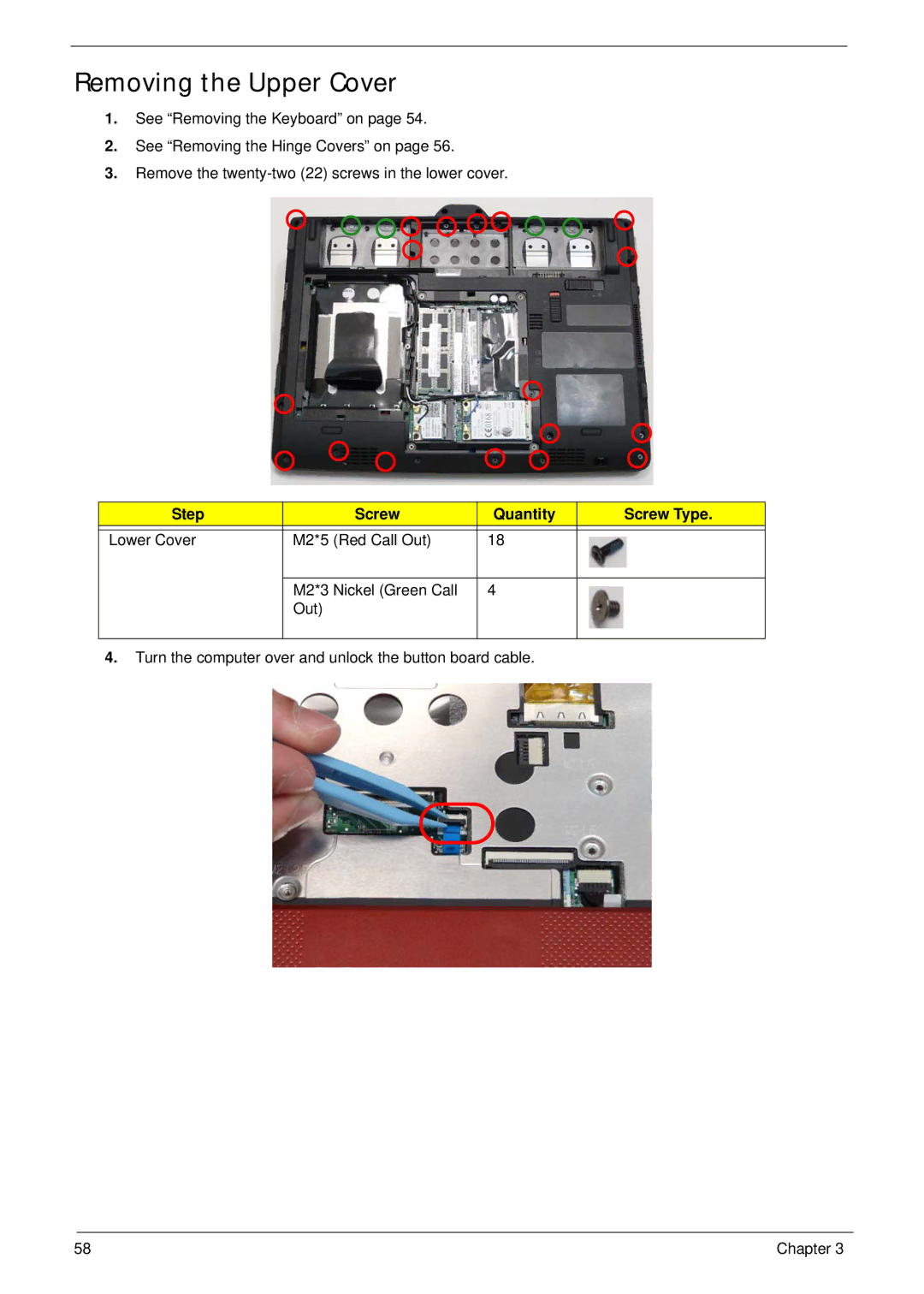 Gateway EC18T manual Removing the Upper Cover, Step Screw Quantity Screw Type 