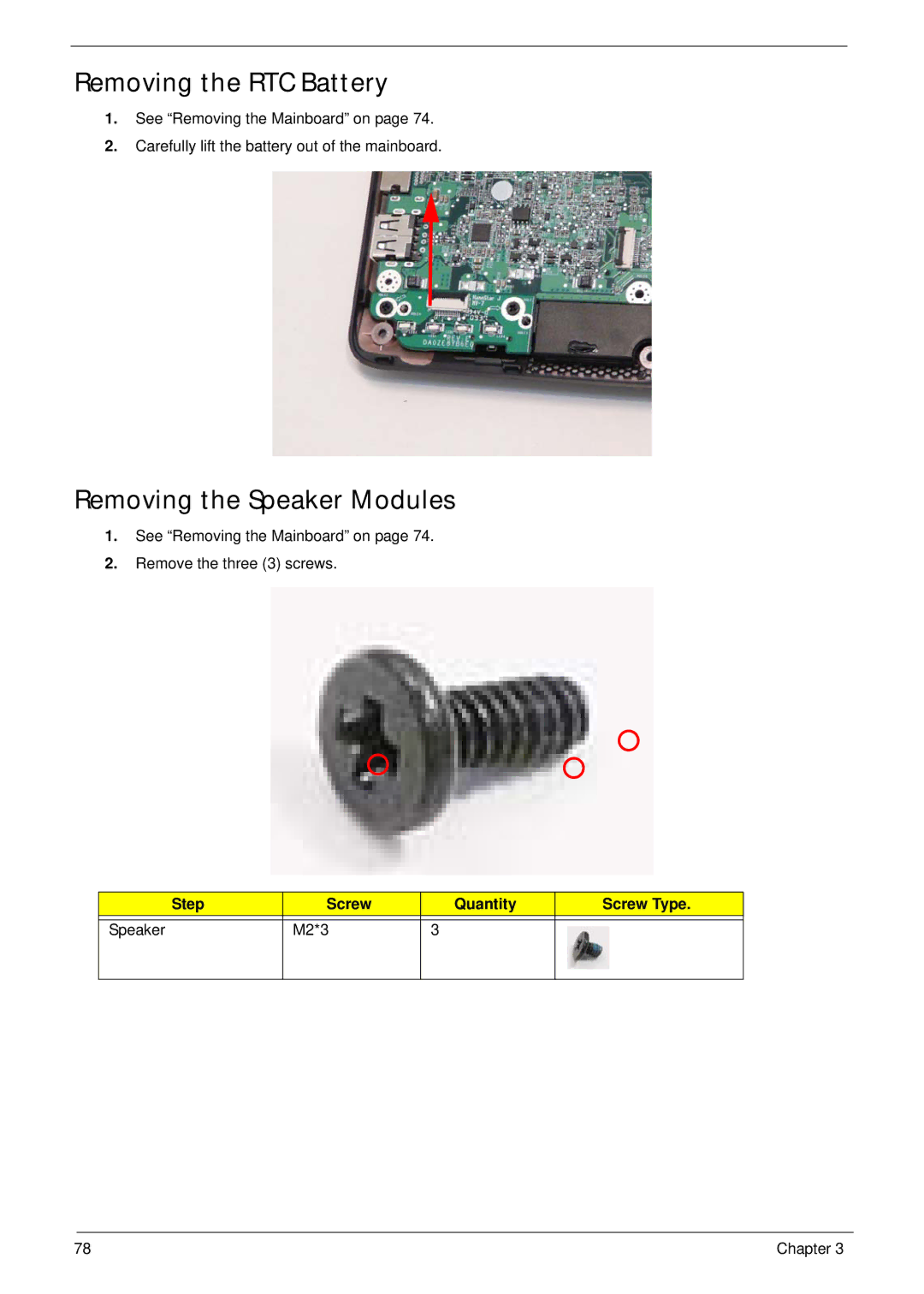 Gateway EC18T manual Removing the RTC Battery, Removing the Speaker Modules, Step Screw Quantity Screw Type Speaker M2*3 