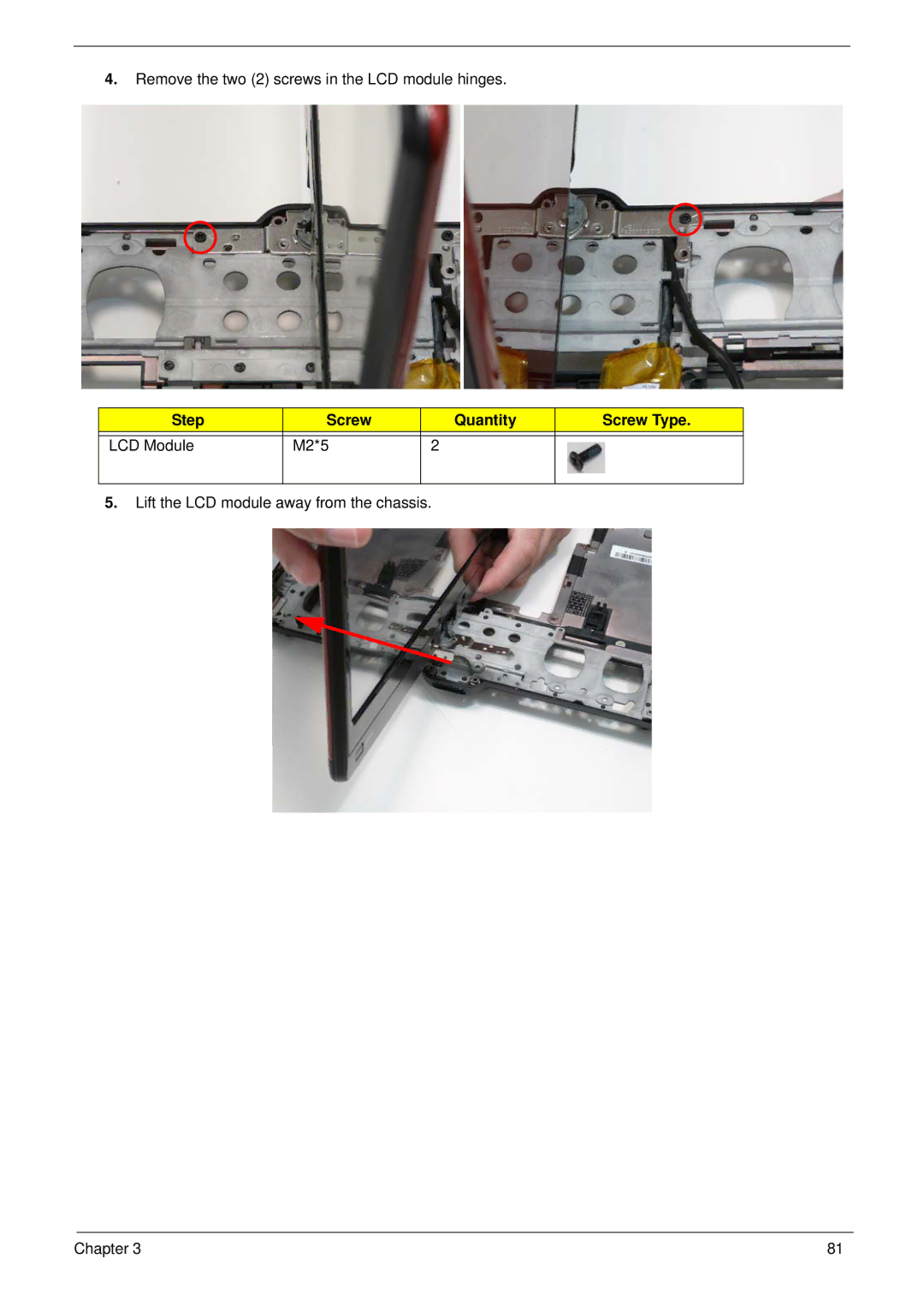 Gateway EC18T manual Step Screw Quantity Screw Type LCD Module M2*5 