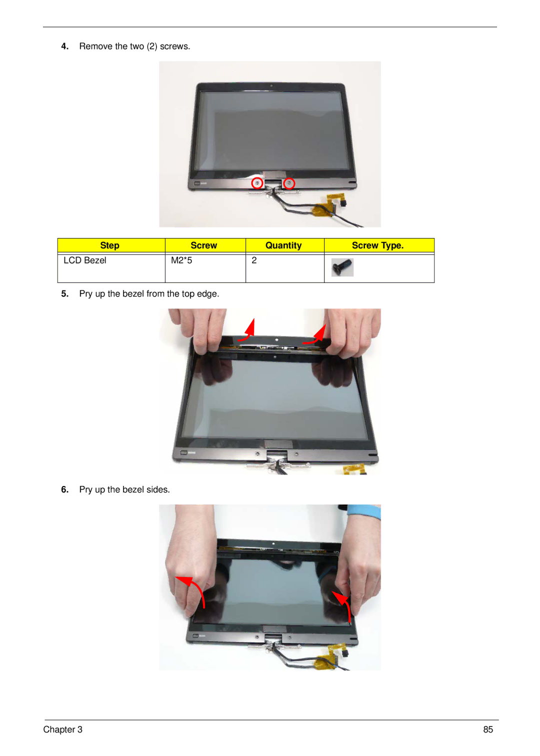 Gateway EC18T manual Step Screw Quantity Screw Type LCD Bezel M2*5 