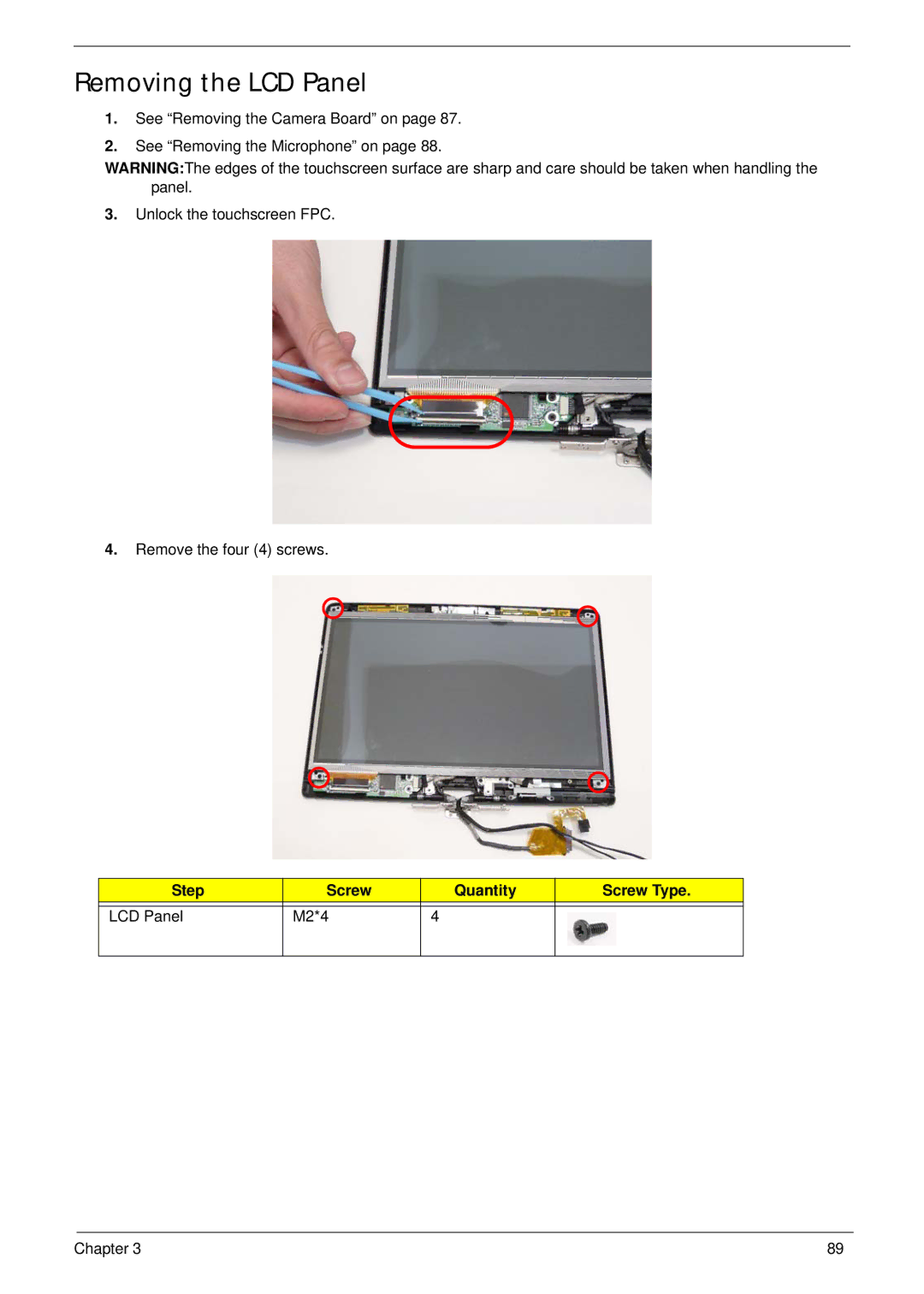 Gateway EC18T manual Removing the LCD Panel, Step Screw Quantity Screw Type LCD Panel M2*4 