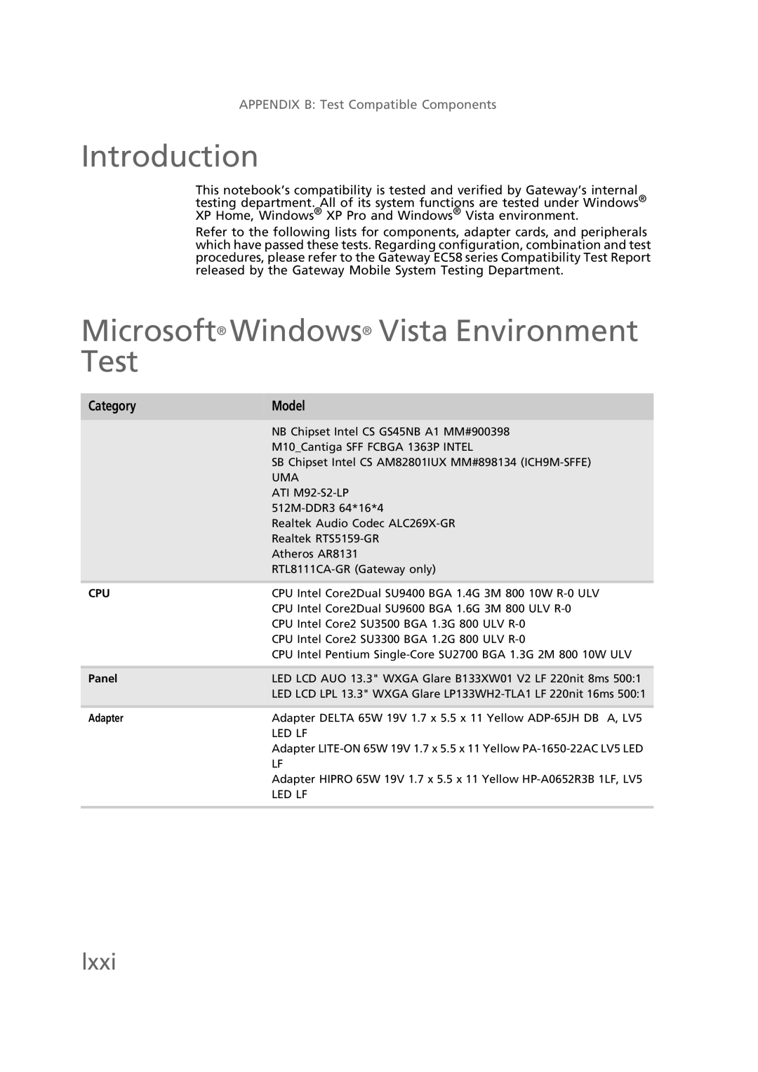 Gateway EC58 manual Microsoft Windows Vista Environment Test, Category Model 