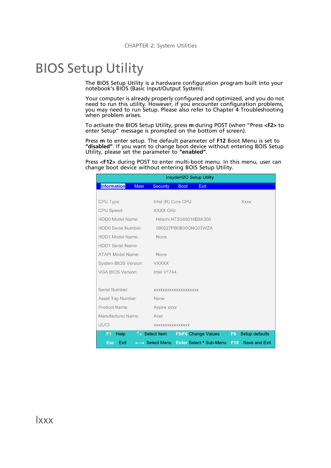 Gateway EC58 manual Bios Setup Utility, Lxxx 