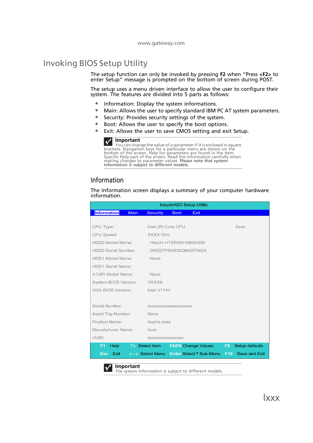 Gateway EC58 manual Invoking Bios Setup Utility, Information 