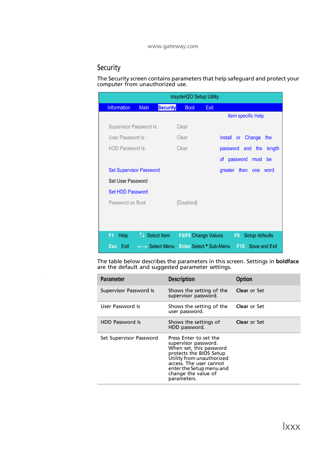 Gateway EC58 manual Security, Parameter Description Option 