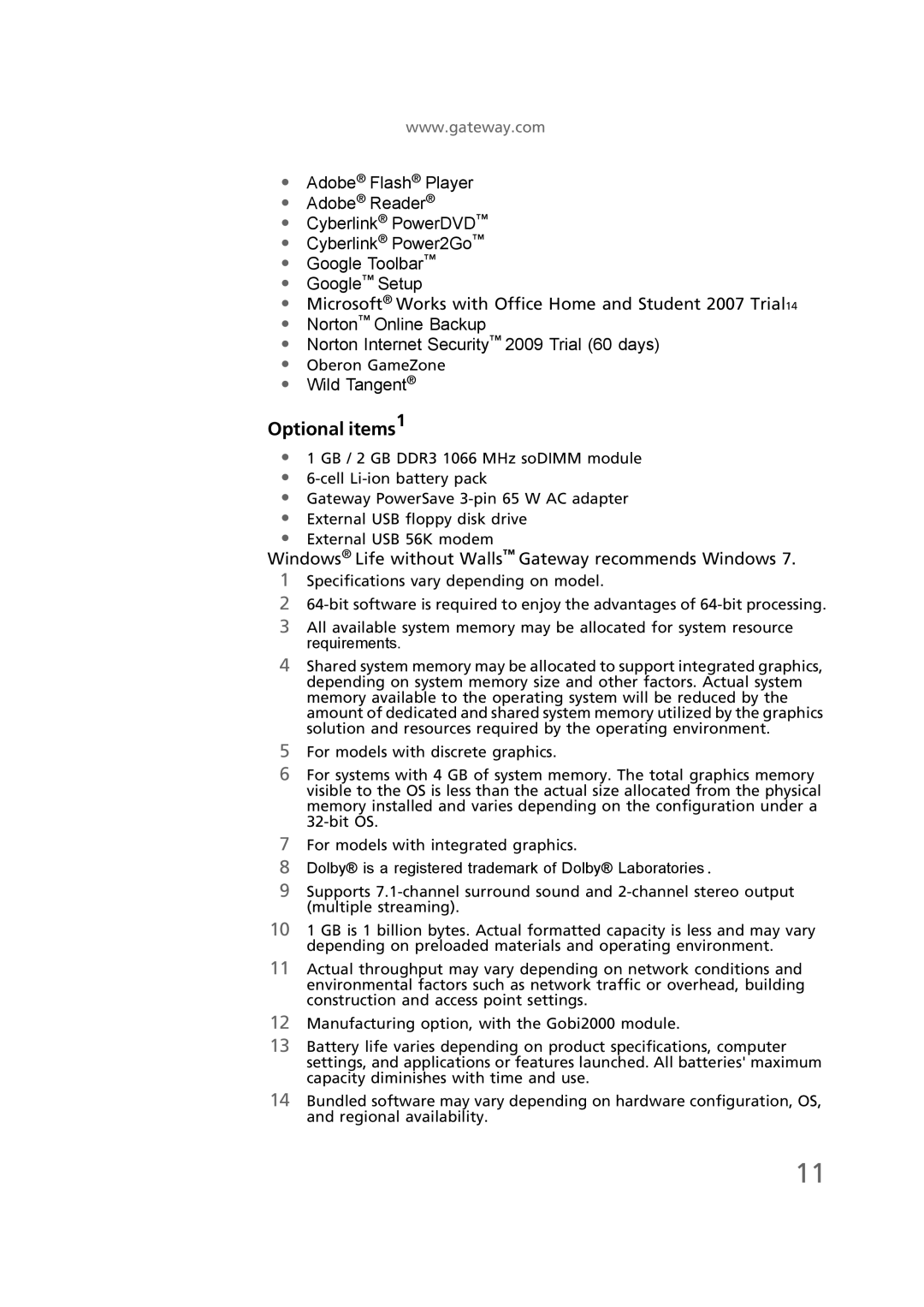 Gateway EC58 manual Optional items1 