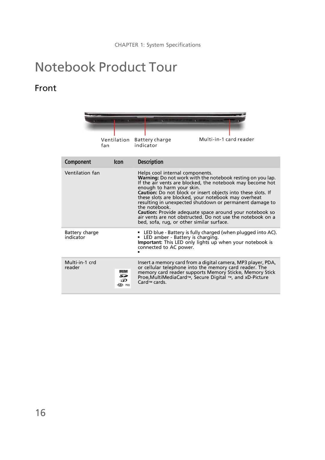 Gateway EC58 manual Front, Component Icon Description 