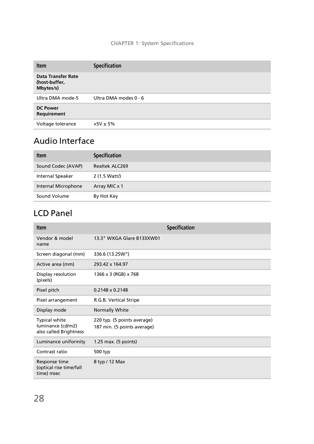 Gateway EC58 manual Audio Interface, LCD Panel 