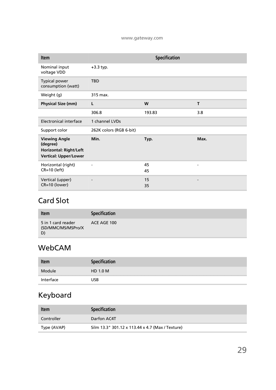 Gateway EC58 manual Card Slot, WebCAM, Keyboard 