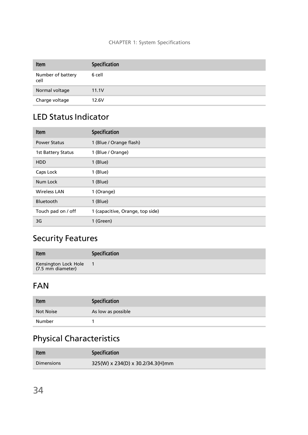 Gateway EC58 manual LED Status Indicator, Security Features, Physical Characteristics 