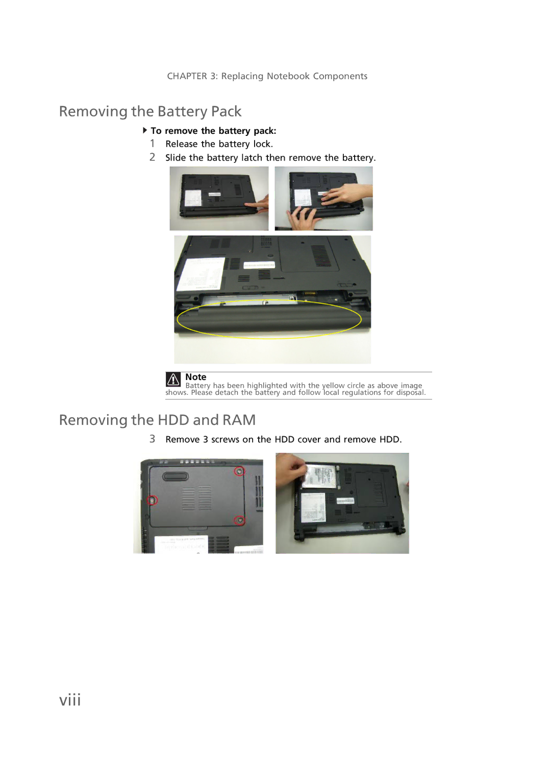 Gateway EC58 manual Viii, Removing the Battery Pack, Removing the HDD and RAM 