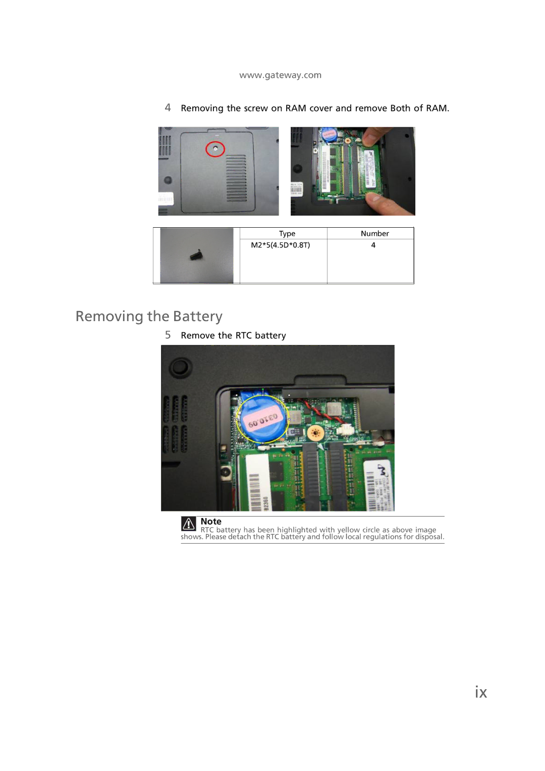 Gateway EC58 manual Removing the Battery, Remove the RTC battery 