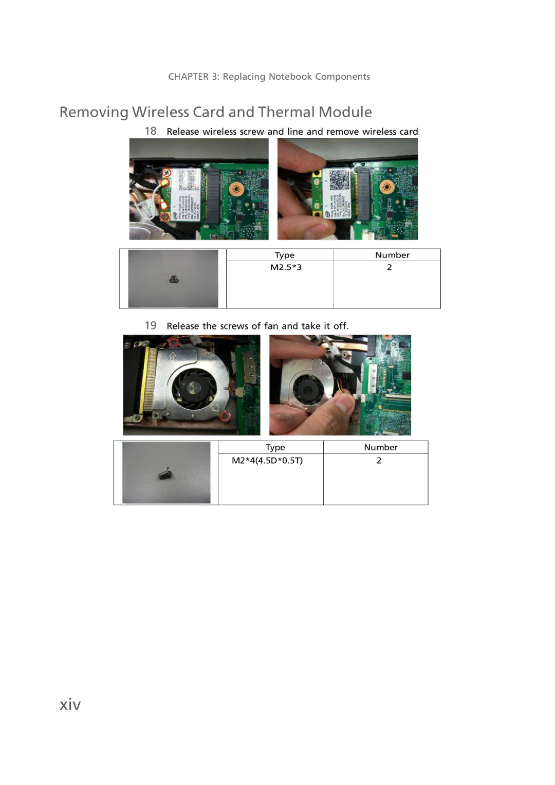 Gateway EC58 manual Xiv, Removing Wireless Card and Thermal Module 