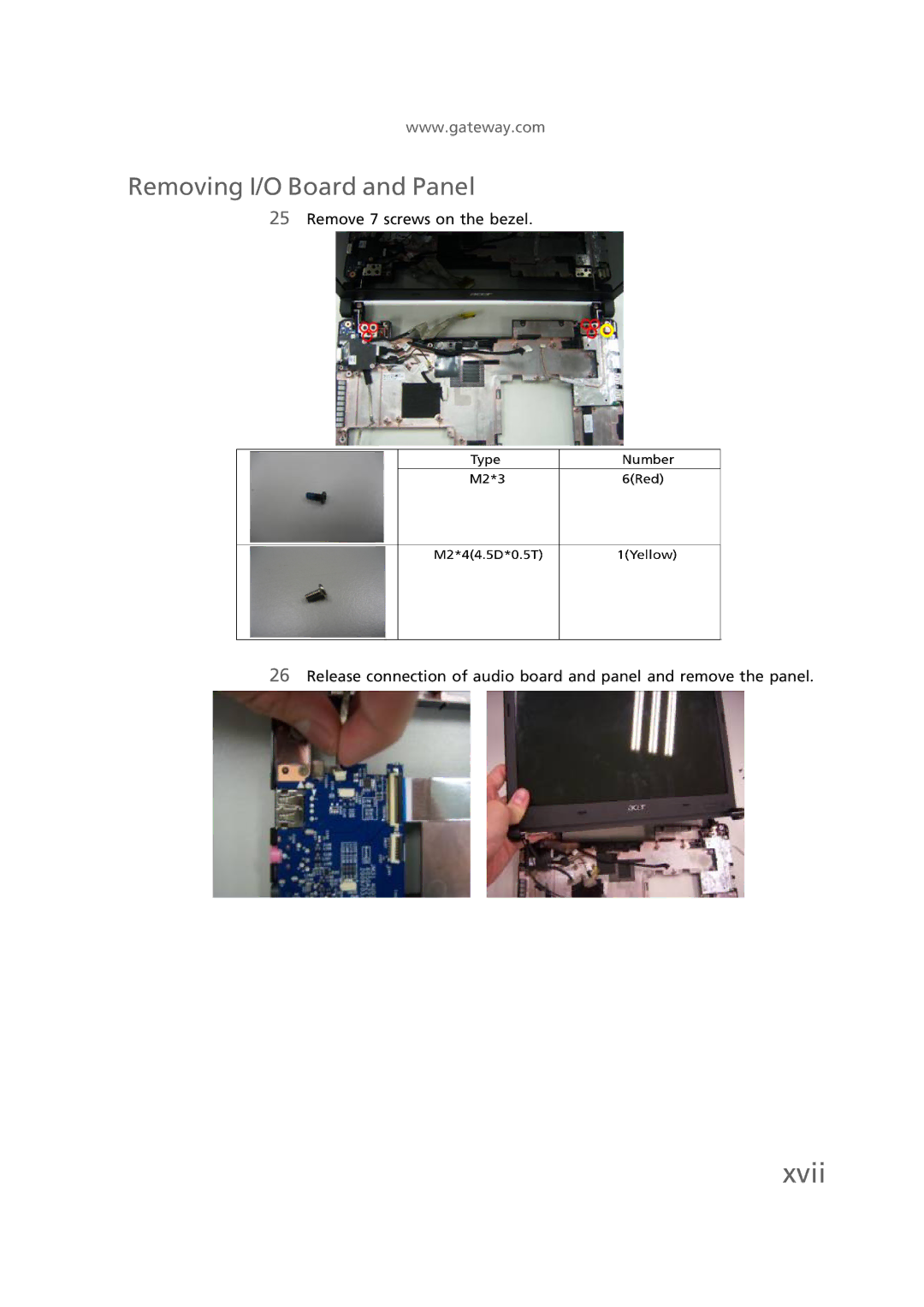 Gateway EC58 manual Xvii, Removing I/O Board and Panel 