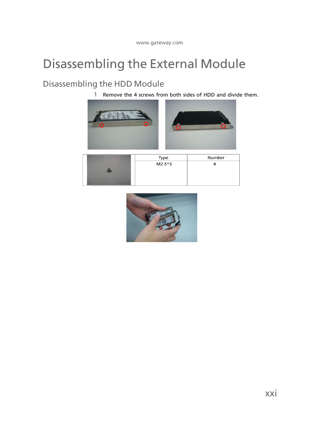 Gateway EC58 manual Disassembling the External Module, Xxi, Disassembling the HDD Module 