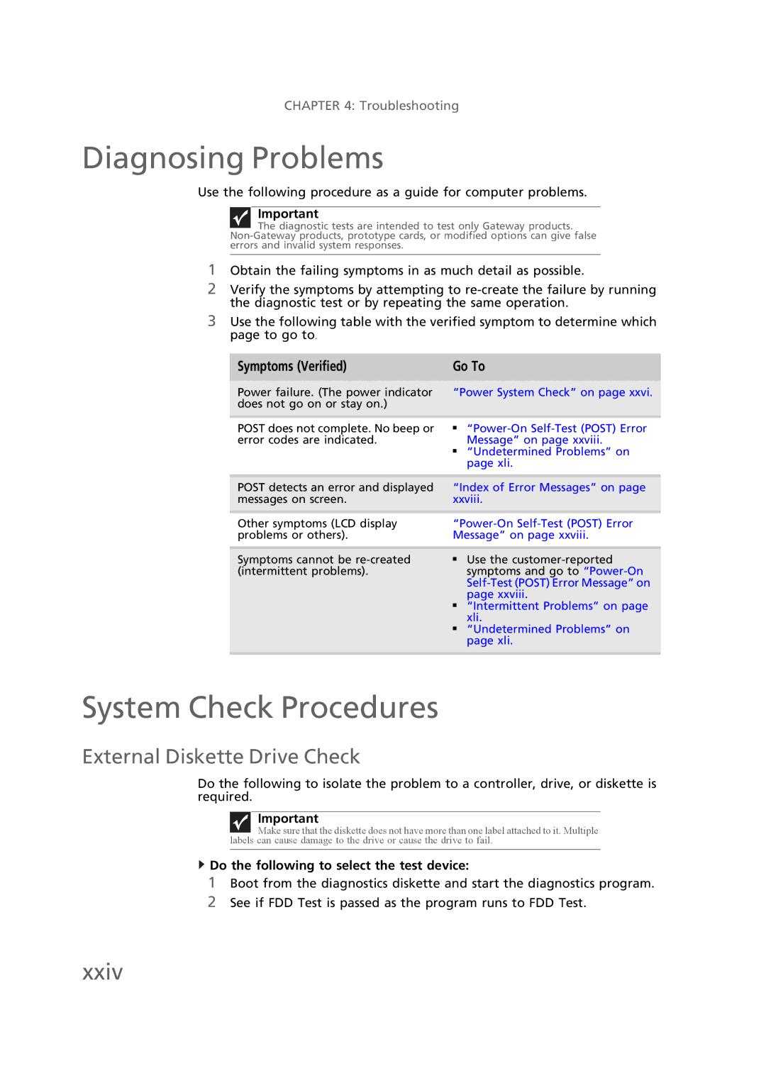 Gateway EC58 manual Diagnosing Problems, System Check Procedures, Xxiv, External Diskette Drive Check 