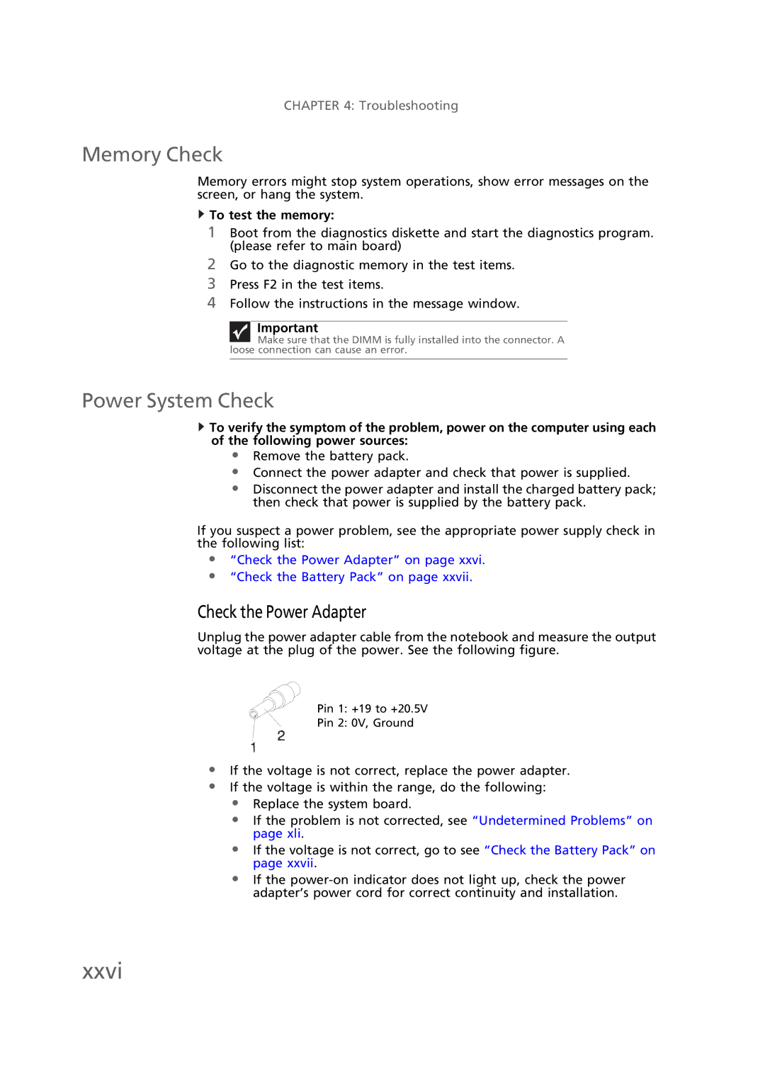 Gateway EC58 manual Xxvi, Memory Check, Power System Check 