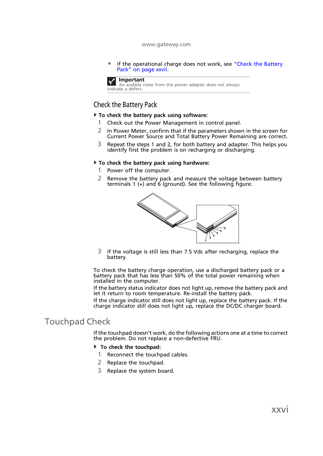 Gateway EC58 manual Touchpad Check, Check the Battery Pack 