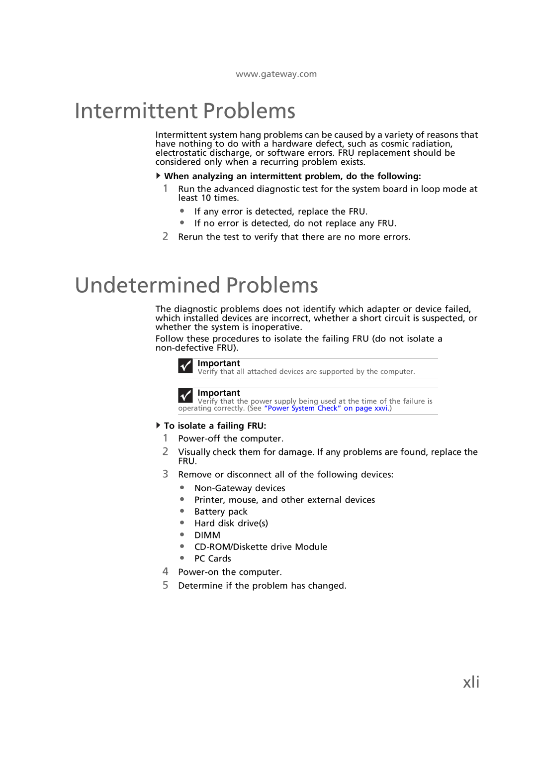 Gateway EC58 manual Intermittent Problems, Undetermined Problems, Xli 