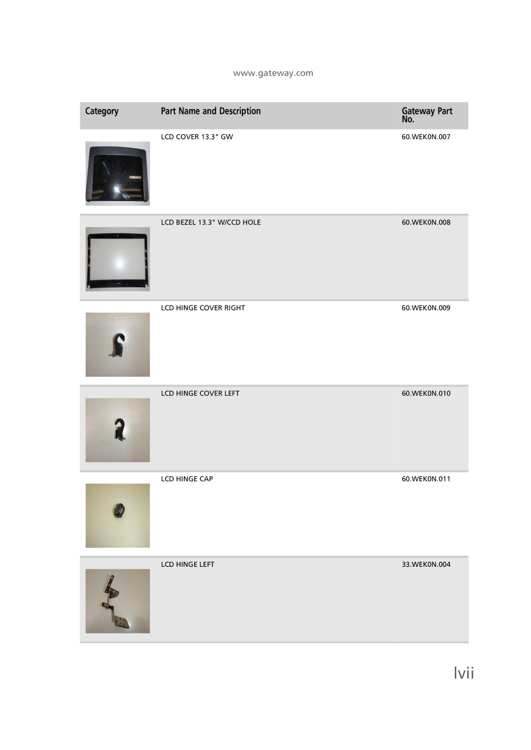 Gateway EC58 manual Lvii, LCD Cover 13.3 GW 