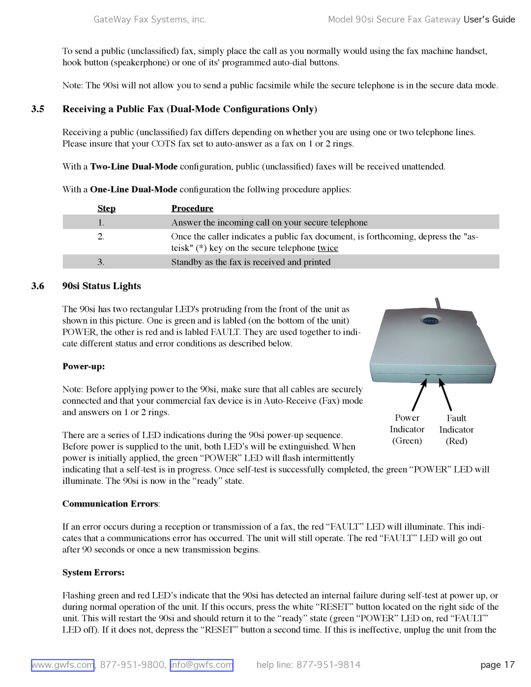 GateWay Fax Systems 90SI Receiving a Public Fax Dual-Mode Conﬁgurations Only, 90si Status Lights, Power-up, System Errors 