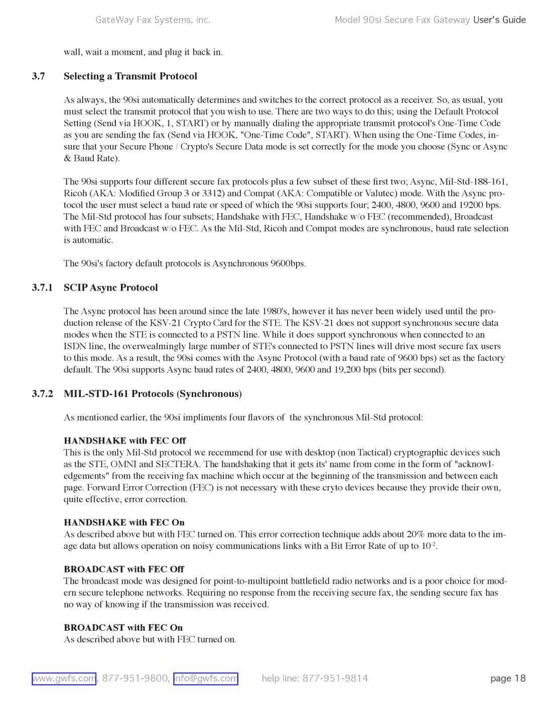 GateWay Fax Systems 90SI manual Selecting a Transmit Protocol, Scip Async Protocol, MIL-STD-161 Protocols Synchronous 