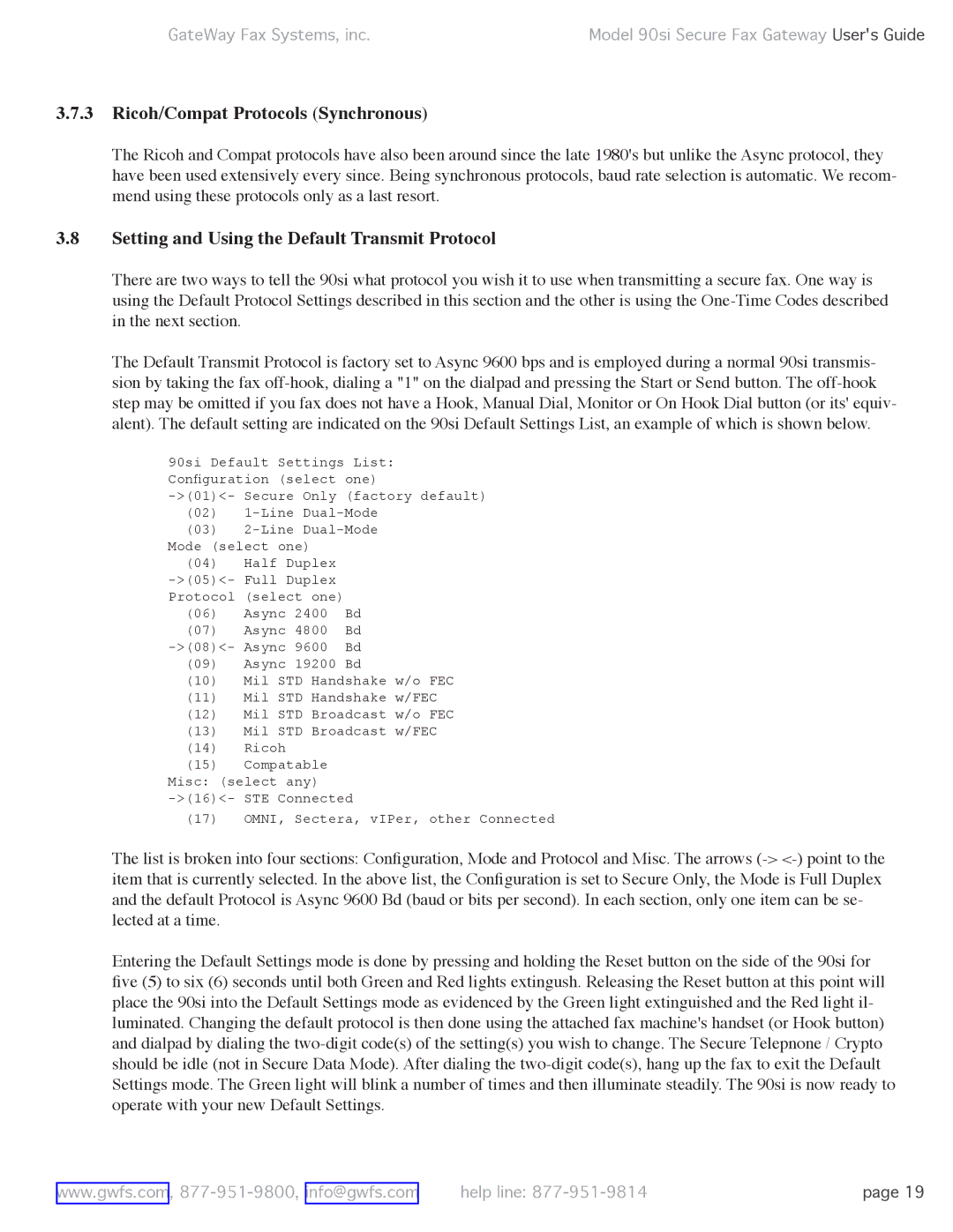 GateWay Fax Systems 90SI manual Ricoh/Compat Protocols Synchronous, Setting and Using the Default Transmit Protocol 