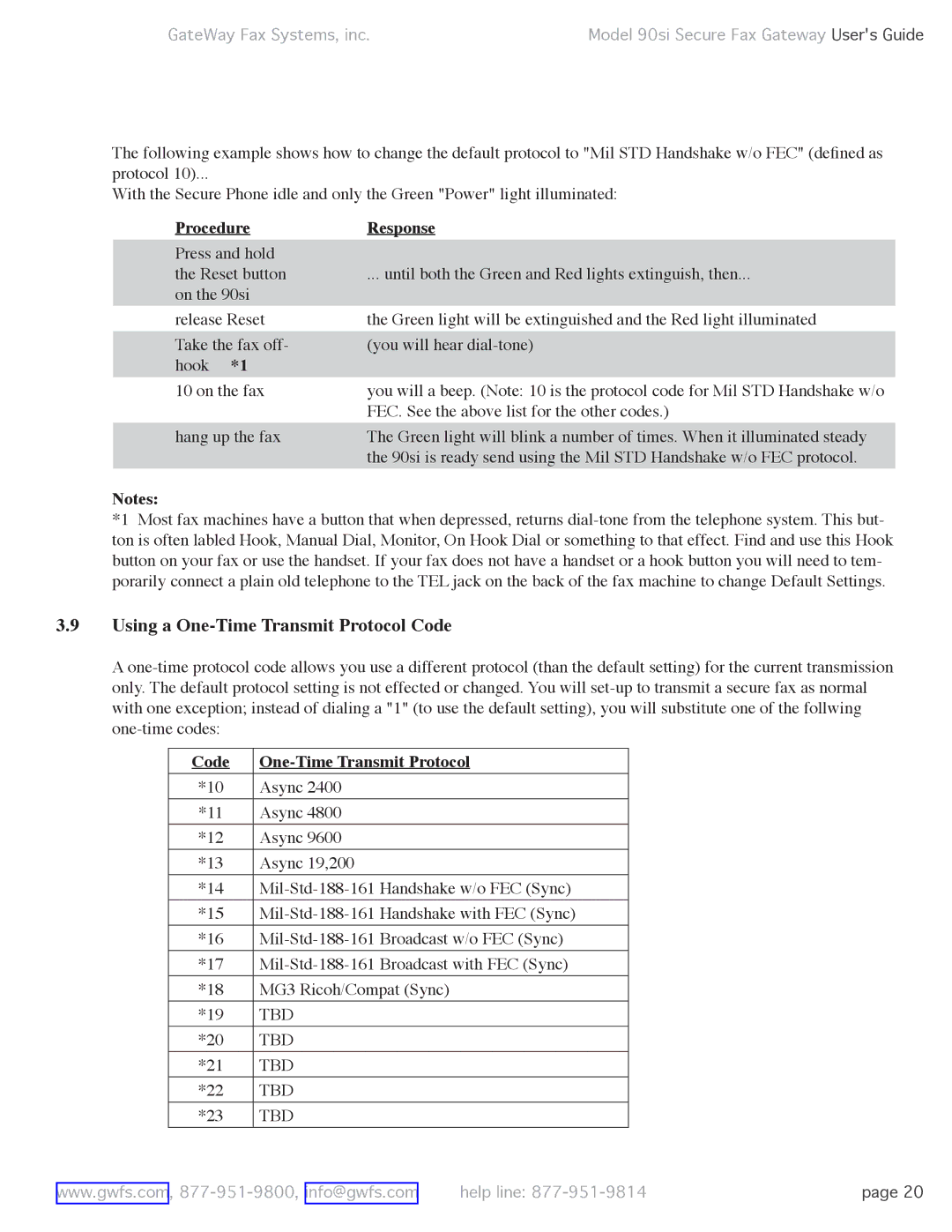 GateWay Fax Systems 90SI manual Using a One-Time Transmit Protocol Code, Procedure Response 