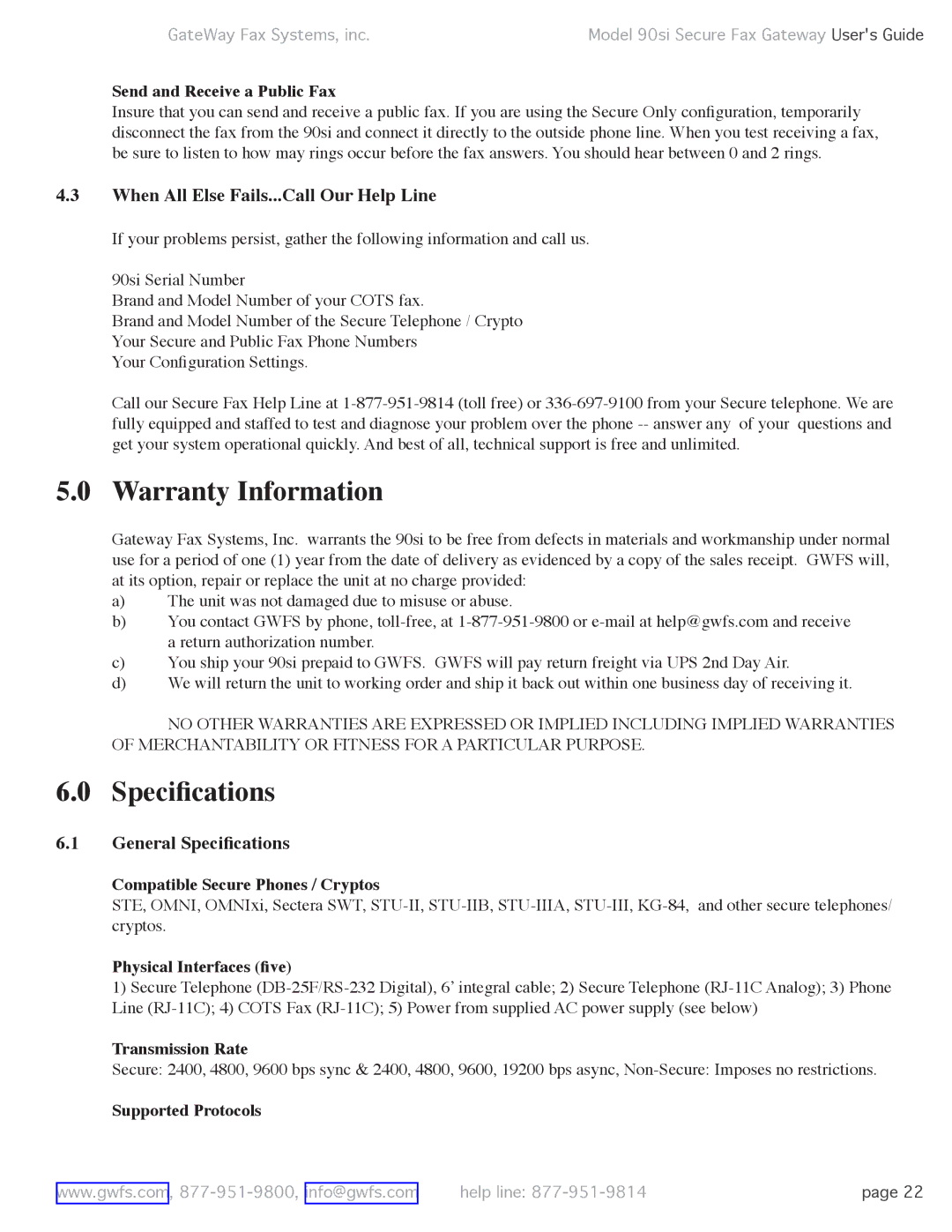 GateWay Fax Systems 90SI manual Warranty Information, Speciﬁcations, When All Else Fails...Call Our Help Line 