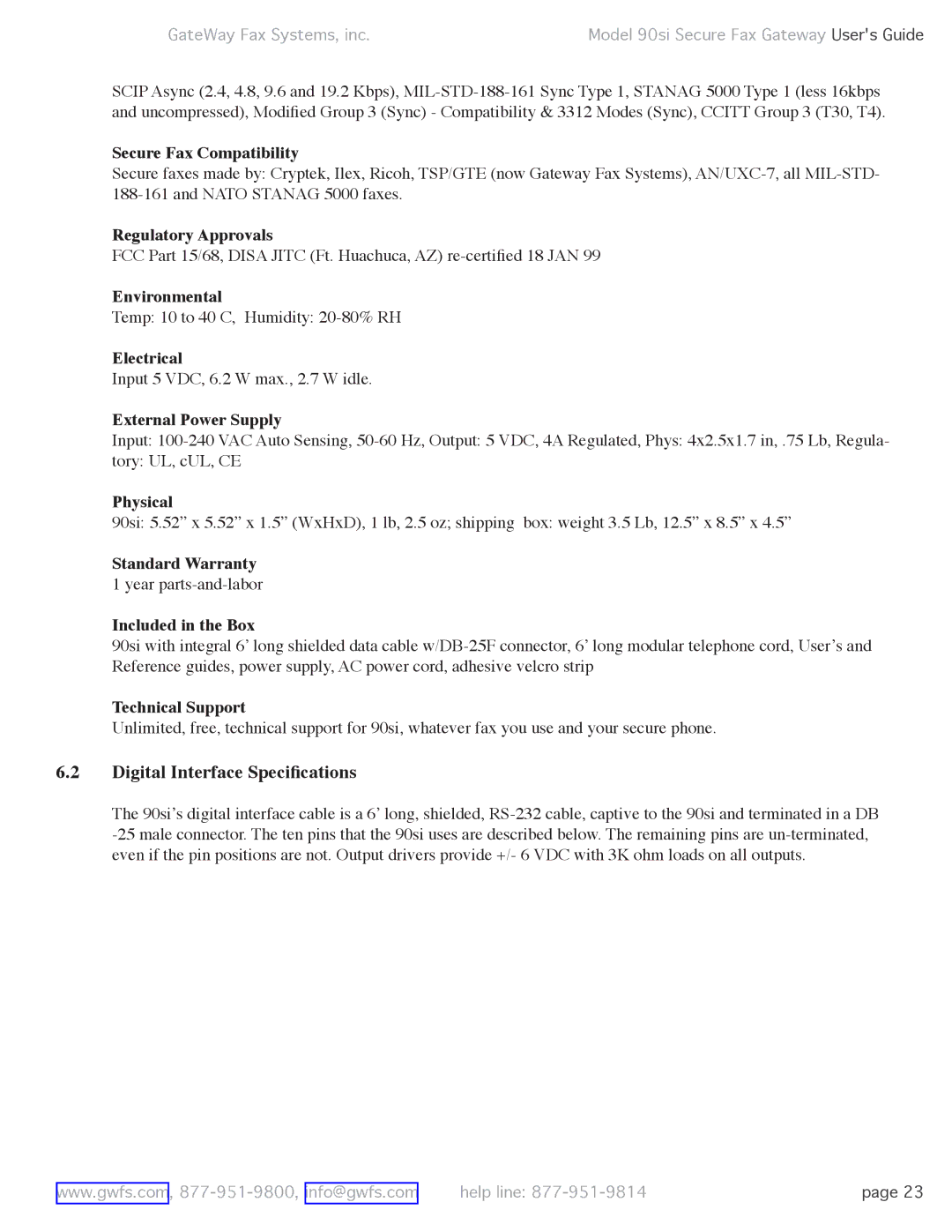 GateWay Fax Systems 90SI manual Digital Interface Speciﬁcations 