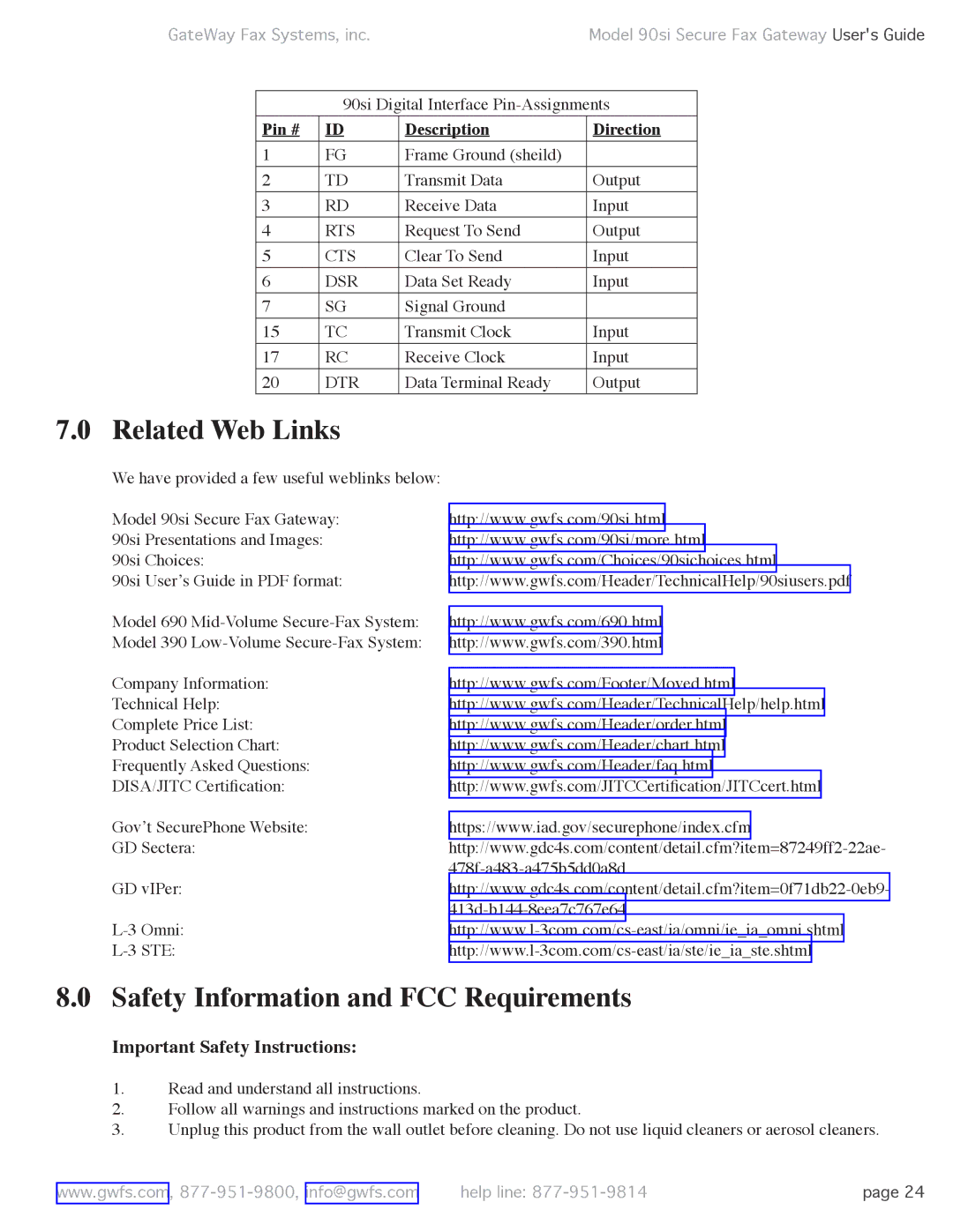 GateWay Fax Systems 90SI manual Related Web Links, Safety Information and FCC Requirements, Important Safety Instructions 