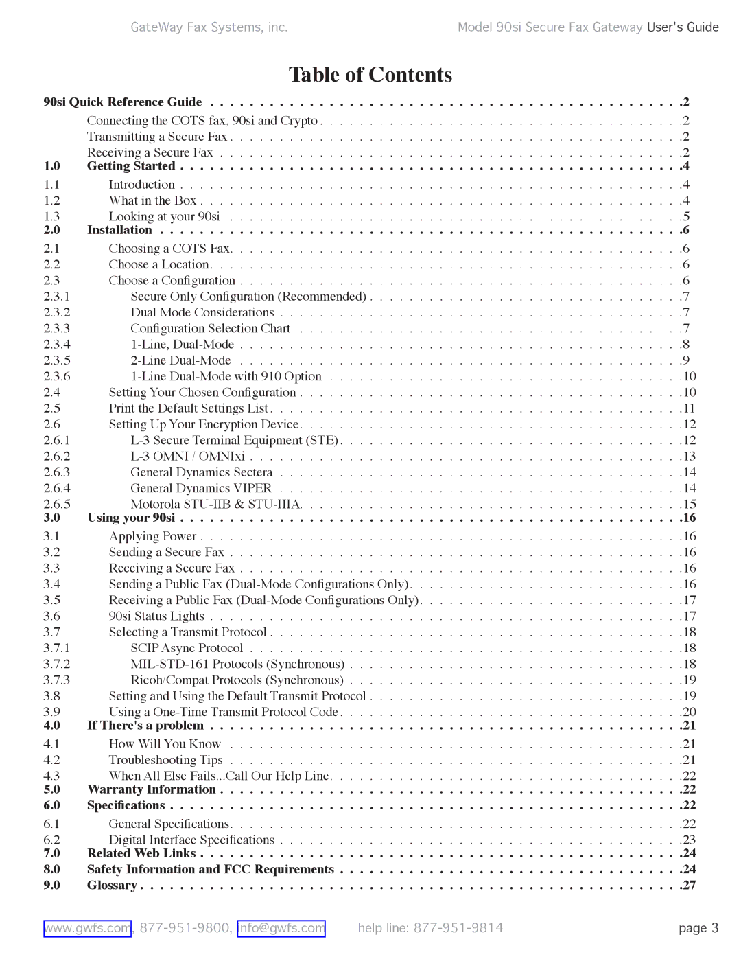 GateWay Fax Systems 90SI manual Table of Contents 