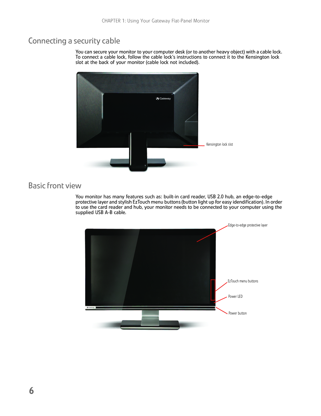 Gateway FHD2102 manual Connecting a security cable, Basic front view 