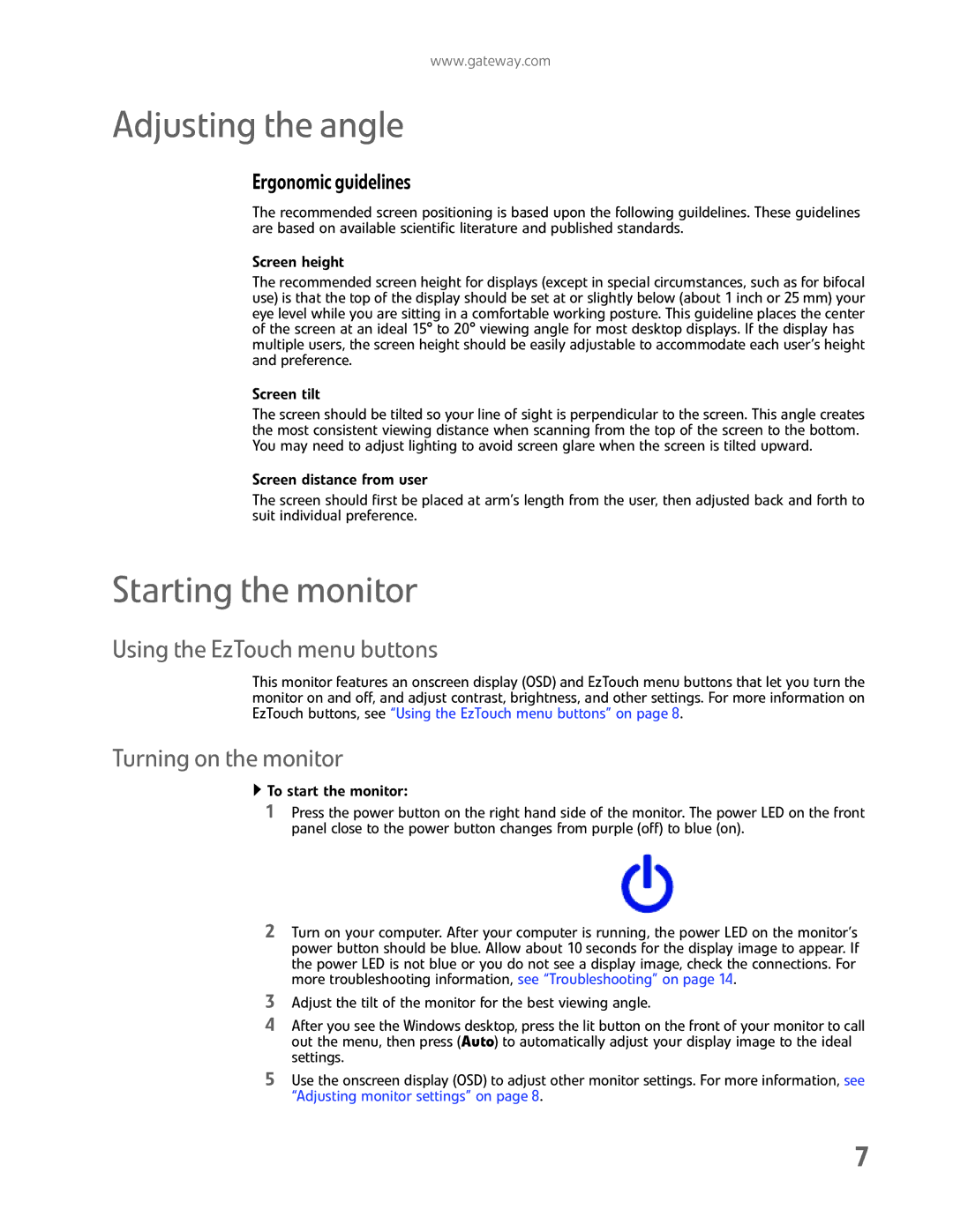 Gateway FHD2102 manual Adjusting the angle, Starting the monitor, Using the EzTouch menu buttons, Turning on the monitor 