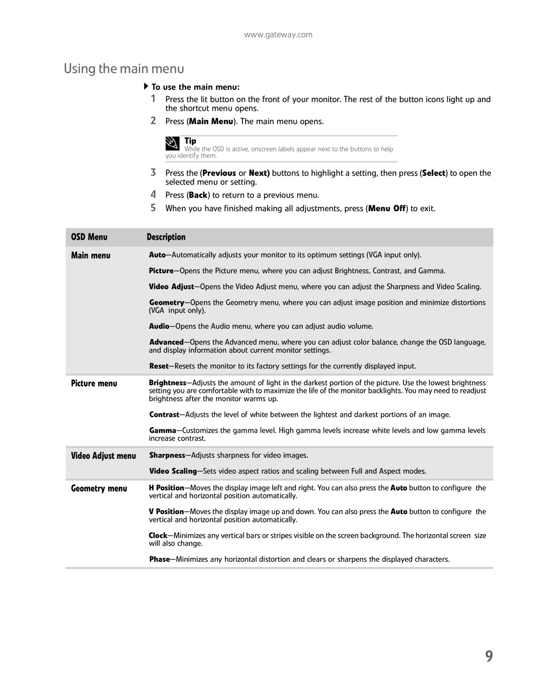 Gateway FHD2102 manual Using the main menu, Geometry menu 