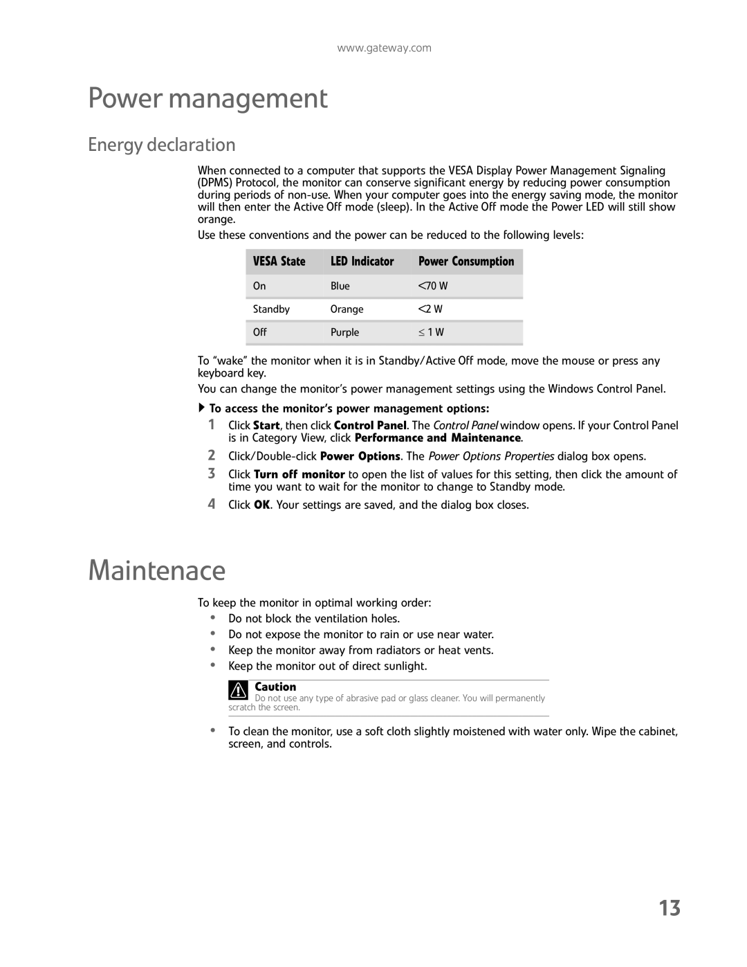 Gateway FHD2102 manual Power management, Maintenace, Energy declaration 