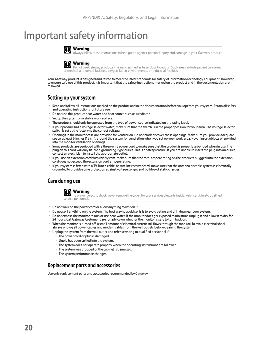 Gateway FHD2102 manual Important safety information, Setting up your system 