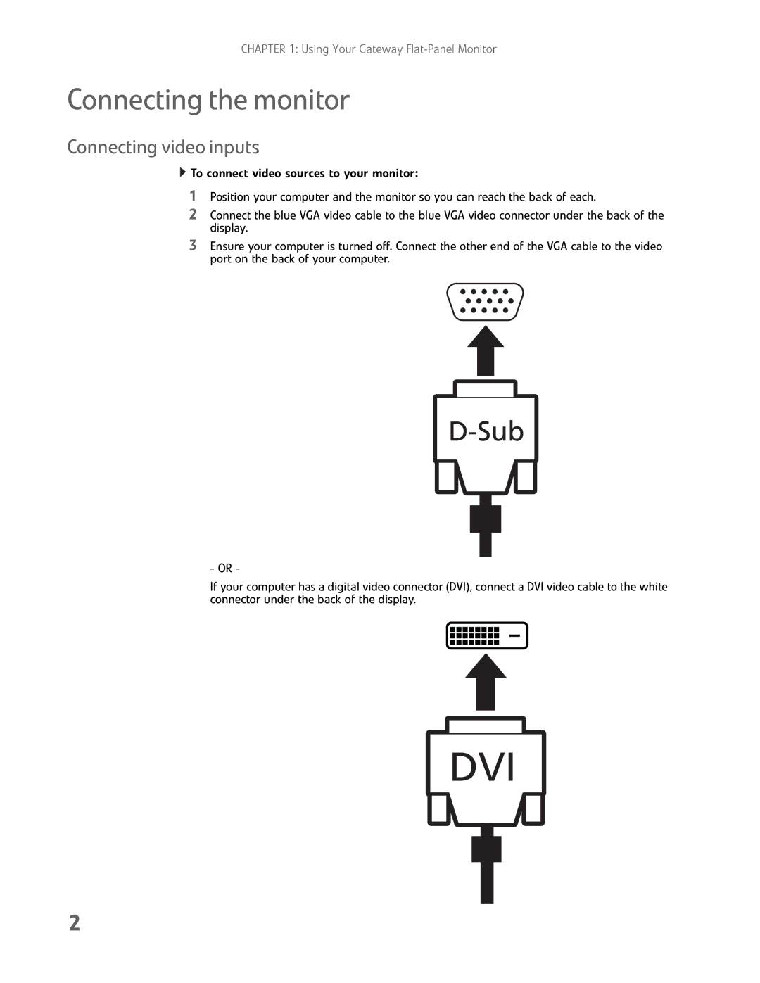 Gateway FHD2102 manual Connecting the monitor, Connecting video inputs 