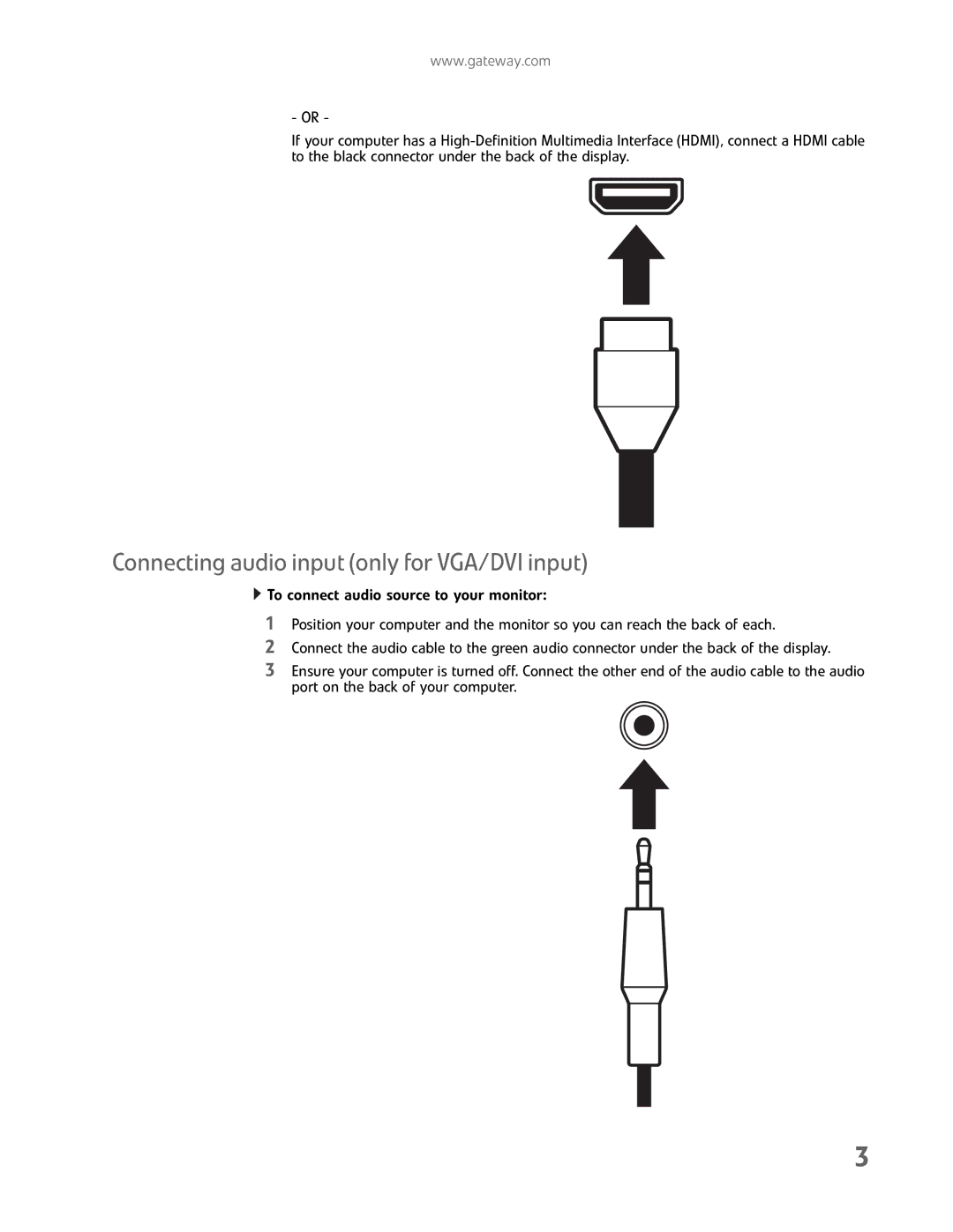 Gateway FHD2102 manual Connecting audio input only for VGA/DVI input 