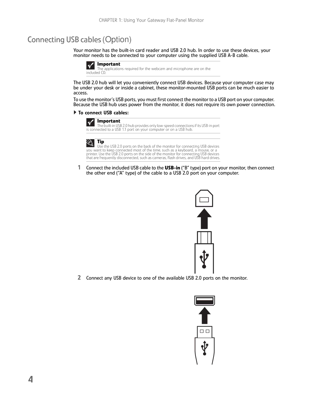 Gateway FHD2102 manual Connecting USB cables Option, Tip 