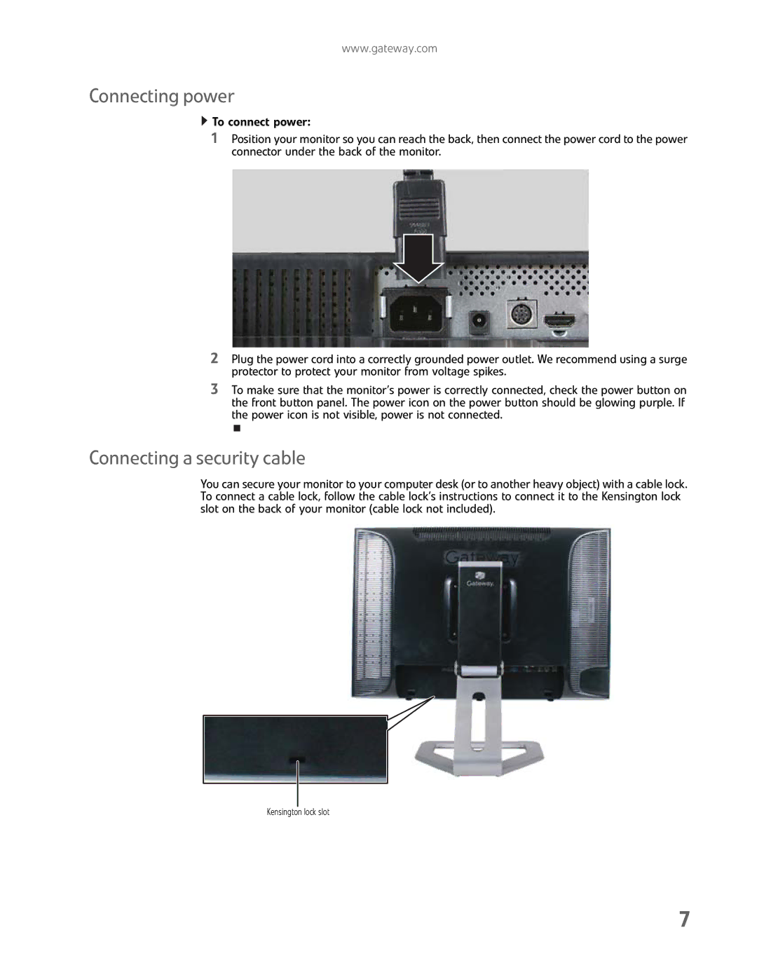 Gateway FHD2400H manual Connecting power, Connecting a security cable 