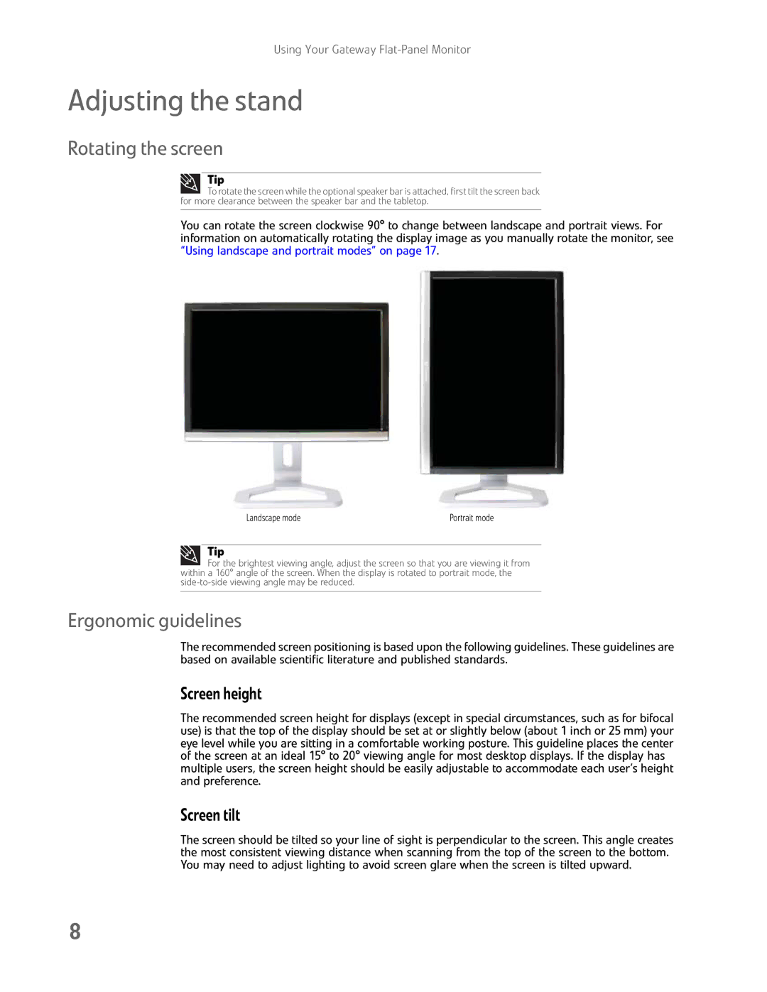 Gateway FHD2400H manual Adjusting the stand, Rotating the screen, Ergonomic guidelines, Screen height, Screen tilt 