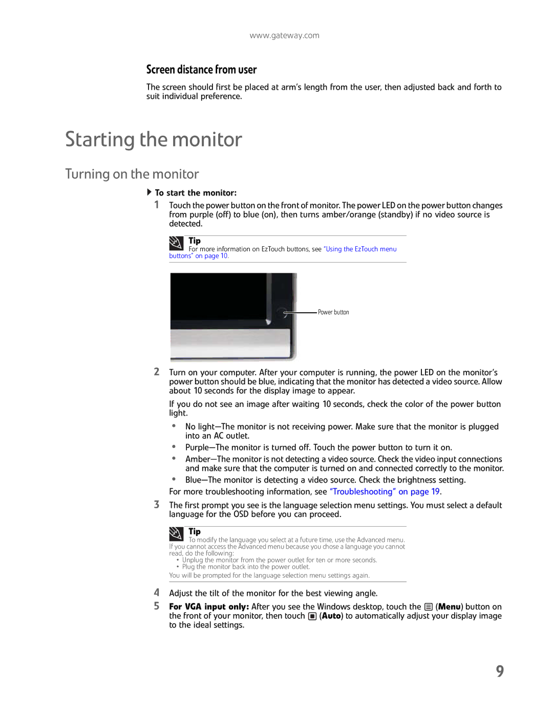 Gateway FHD2400H manual Starting the monitor, Turning on the monitor, Screen distance from user 