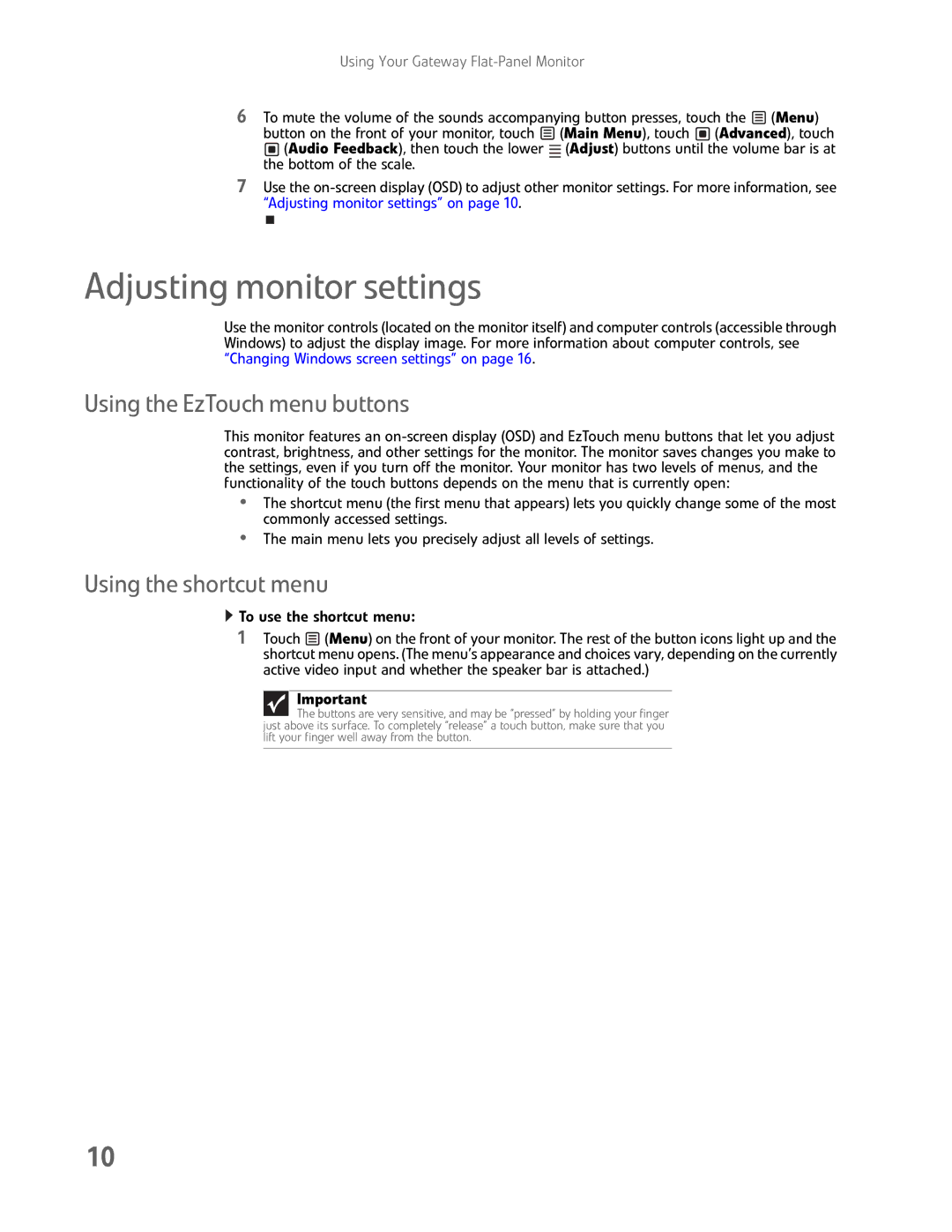 Gateway FHD2400H manual Adjusting monitor settings, Using the EzTouch menu buttons, Using the shortcut menu 