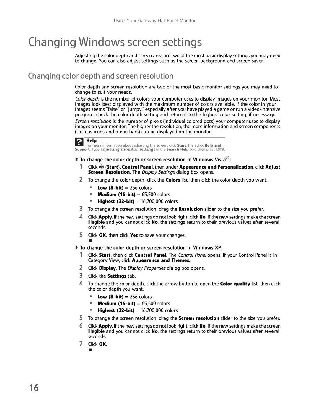 Gateway FHD2400H manual Changing Windows screen settings, Changing color depth and screen resolution, Help 