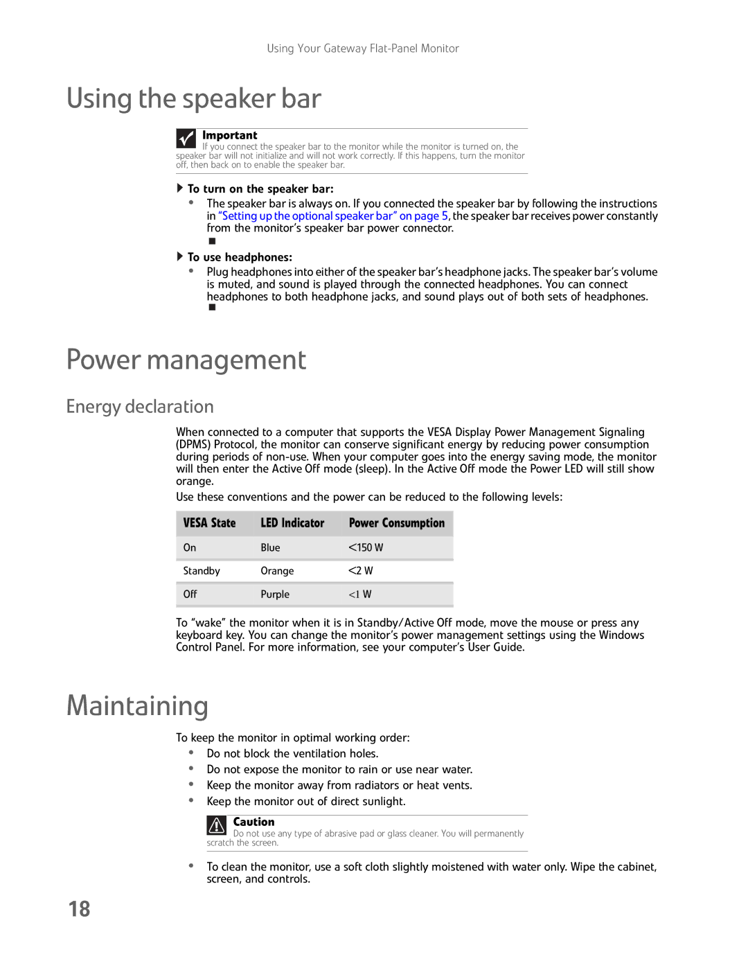Gateway FHD2400H manual Using the speaker bar, Power management, Maintaining, Energy declaration, Vesa State LED Indicator 