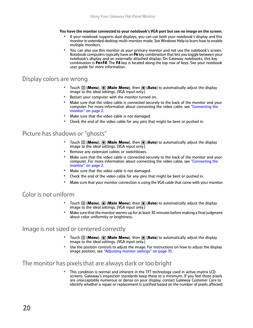 Gateway FHD2400H manual Display colors are wrong, Picture has shadows or ghosts, Color is not uniform 